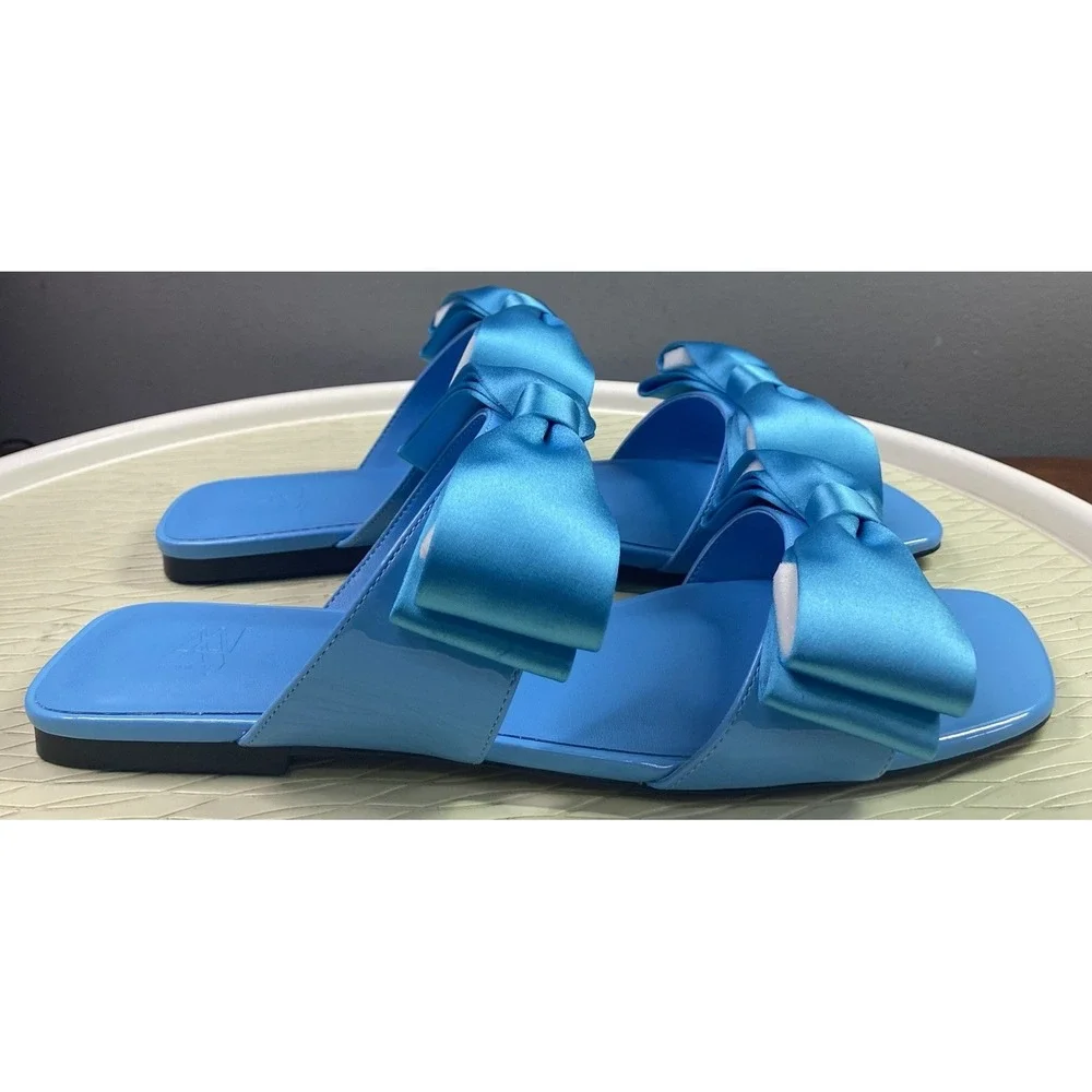 Aminah Abdul Jillil Jody Bow Flat Sandal Blue Square Toe Slide 9M Satin Shoe NWB